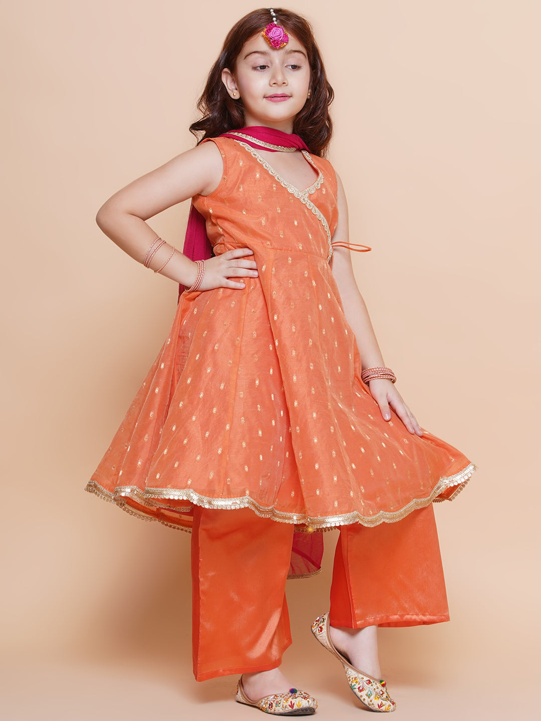 Girls Peach Orange booti Angrakha Gotta Patti Kurta & Trousers set With Dupatta - Bhama - Distacart