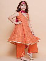 Thumbnail for Girls Peach Orange booti Angrakha Gotta Patti Kurta & Trousers set With Dupatta - Bhama - Distacart