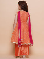 Thumbnail for Girls Peach Orange booti Angrakha Gotta Patti Kurta & Trousers set With Dupatta - Bhama - Distacart