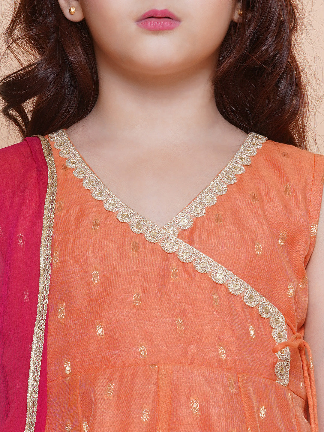Girls Peach Orange booti Angrakha Gotta Patti Kurta & Trousers set With Dupatta - Bhama - Distacart