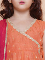 Thumbnail for Girls Peach Orange booti Angrakha Gotta Patti Kurta & Trousers set With Dupatta - Bhama - Distacart