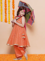 Thumbnail for Girls Peach Orange booti Angrakha Gotta Patti Kurta & Trousers set With Dupatta - Bhama - Distacart