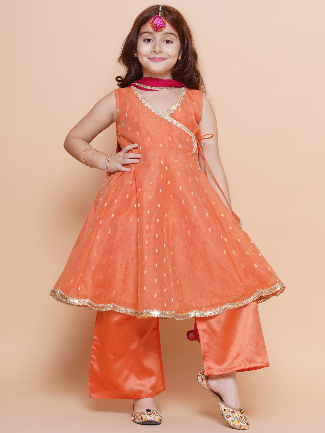 Girls Peach Orange booti Angrakha Gotta Patti Kurta & Trousers set With Dupatta - Bhama - Distacart