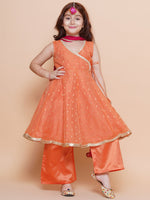 Thumbnail for Girls Peach Orange booti Angrakha Gotta Patti Kurta & Trousers set With Dupatta - Bhama - Distacart