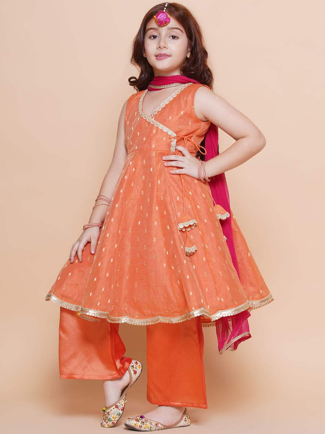 Girls Peach Orange booti Angrakha Gotta Patti Kurta & Trousers set With Dupatta - Bhama - Distacart