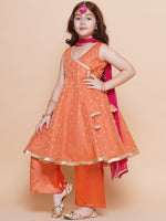Thumbnail for Girls Peach Orange booti Angrakha Gotta Patti Kurta & Trousers set With Dupatta - Bhama - Distacart