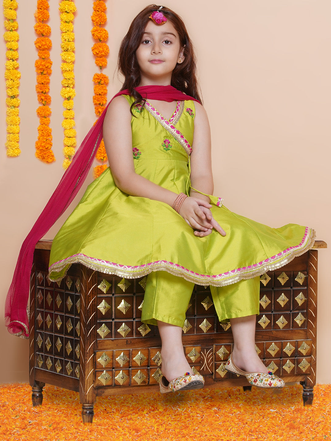Girls Green Embroidered Angrakha Kurta with Trousers set With Dupatta - Bhama - Distacart