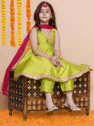 Girls Green Embroidered Angrakha Kurta with Trousers set With Dupatta - Bhama - Distacart