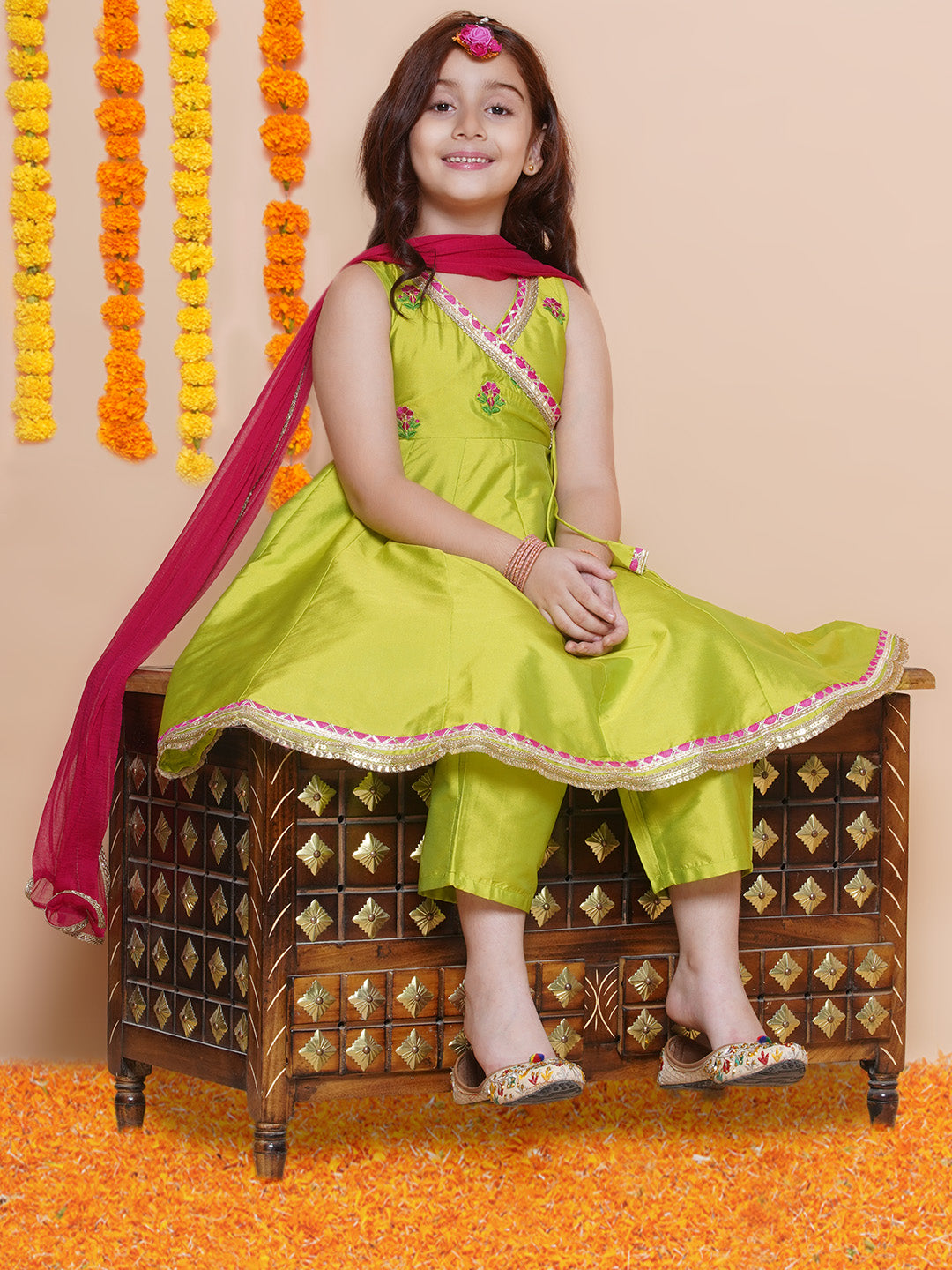 Girls Green Embroidered Angrakha Kurta with Trousers set With Dupatta - Bhama - Distacart