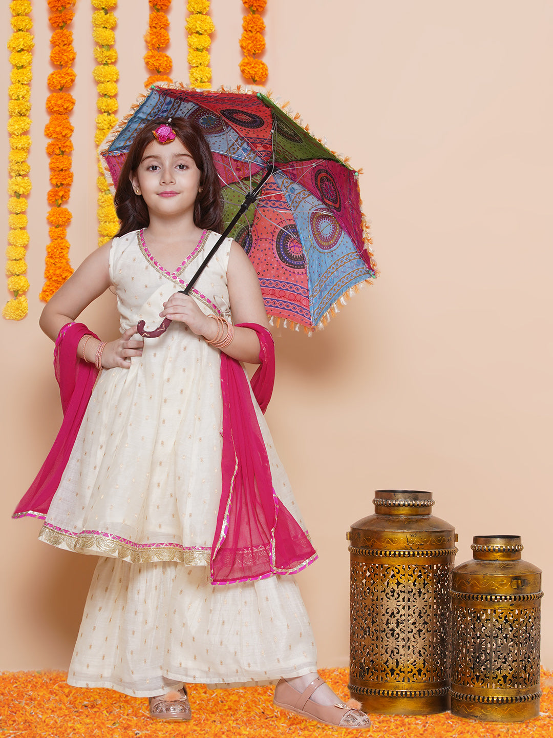 Girls Off white Booti Angrakha Gotta Patti Kurta & Sharara set With Dupatta - Bhama - Distacart