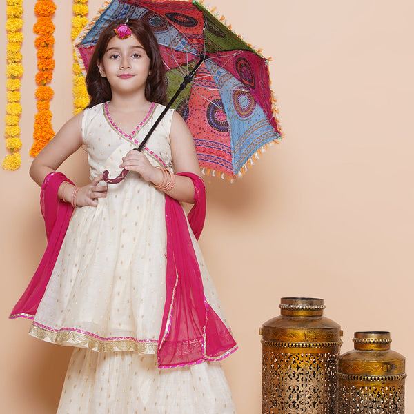 Girls Off white Booti Angrakha Gotta Patti Kurta & Sharara set With Dupatta - Bhama - Distacart