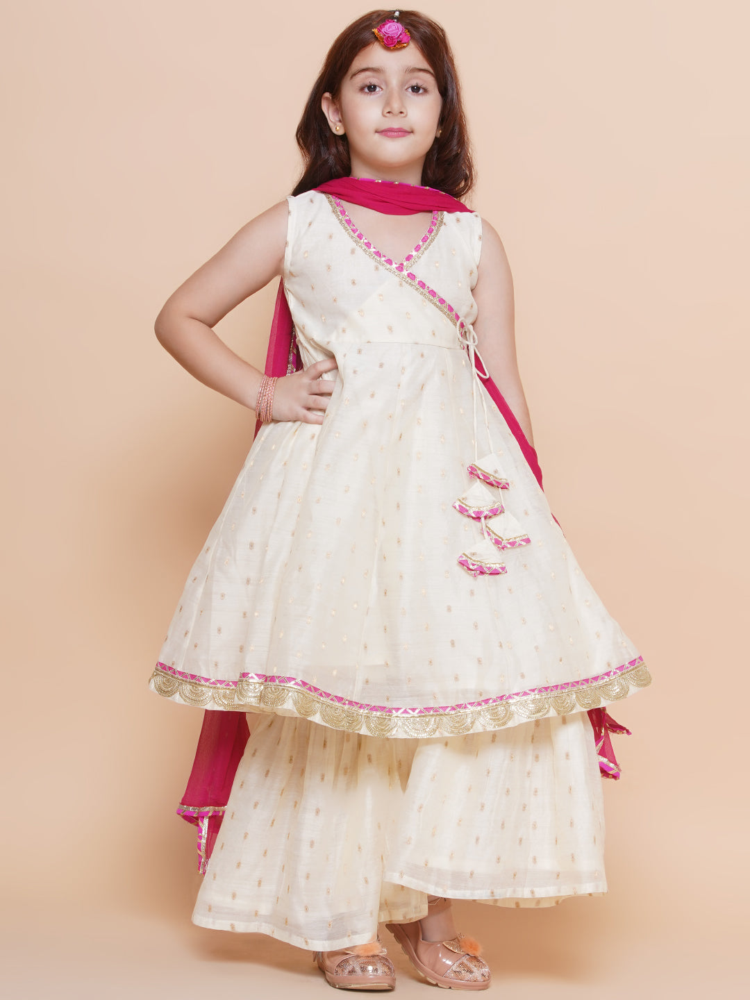 Girls Off white Booti Angrakha Gotta Patti Kurta & Sharara set With Dupatta - Bhama - Distacart
