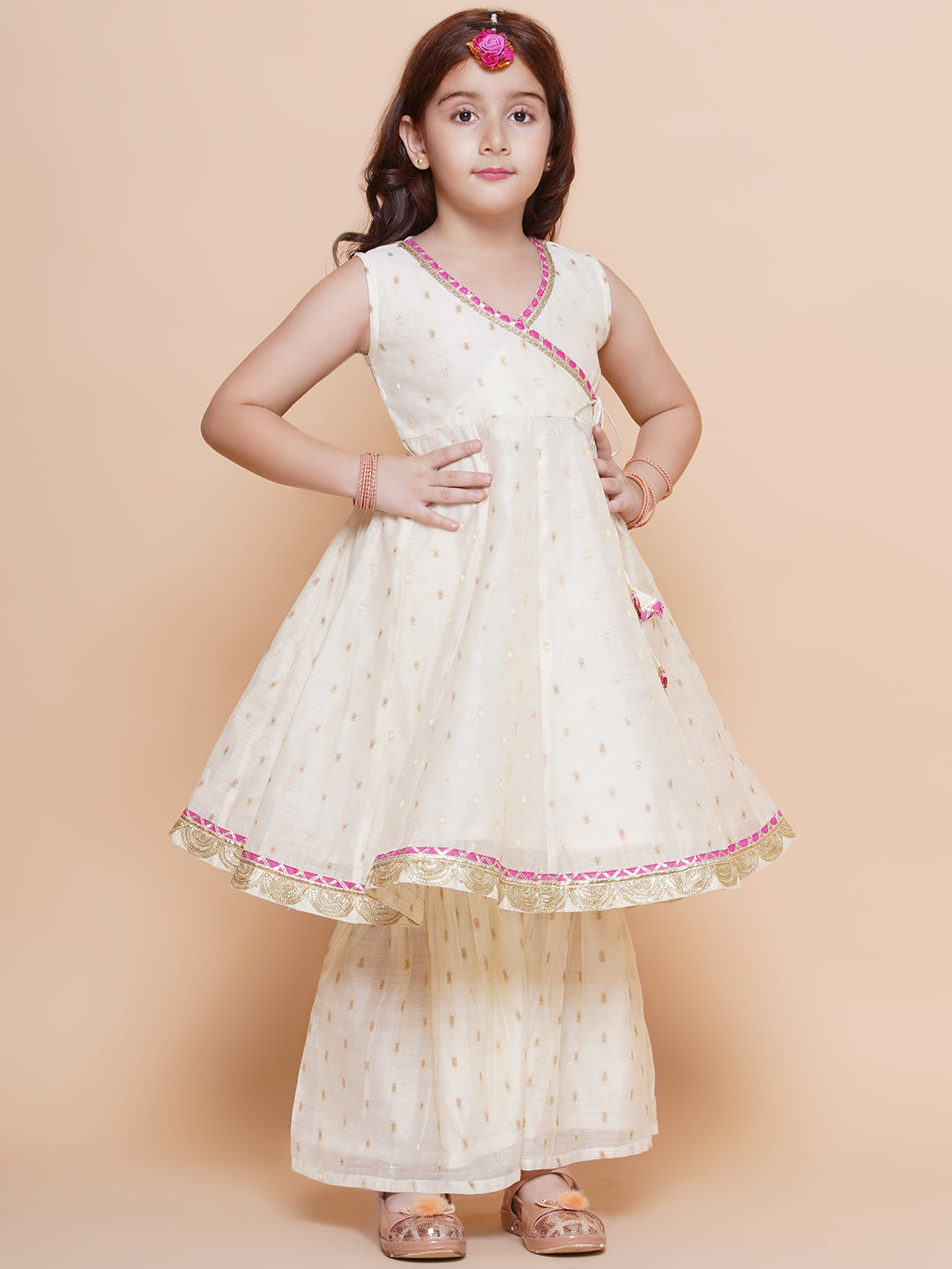 Girls Off white Booti Angrakha Gotta Patti Kurta & Sharara set With Dupatta - Bhama - Distacart