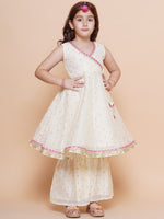 Thumbnail for Girls Off white Booti Angrakha Gotta Patti Kurta & Sharara set With Dupatta - Bhama - Distacart