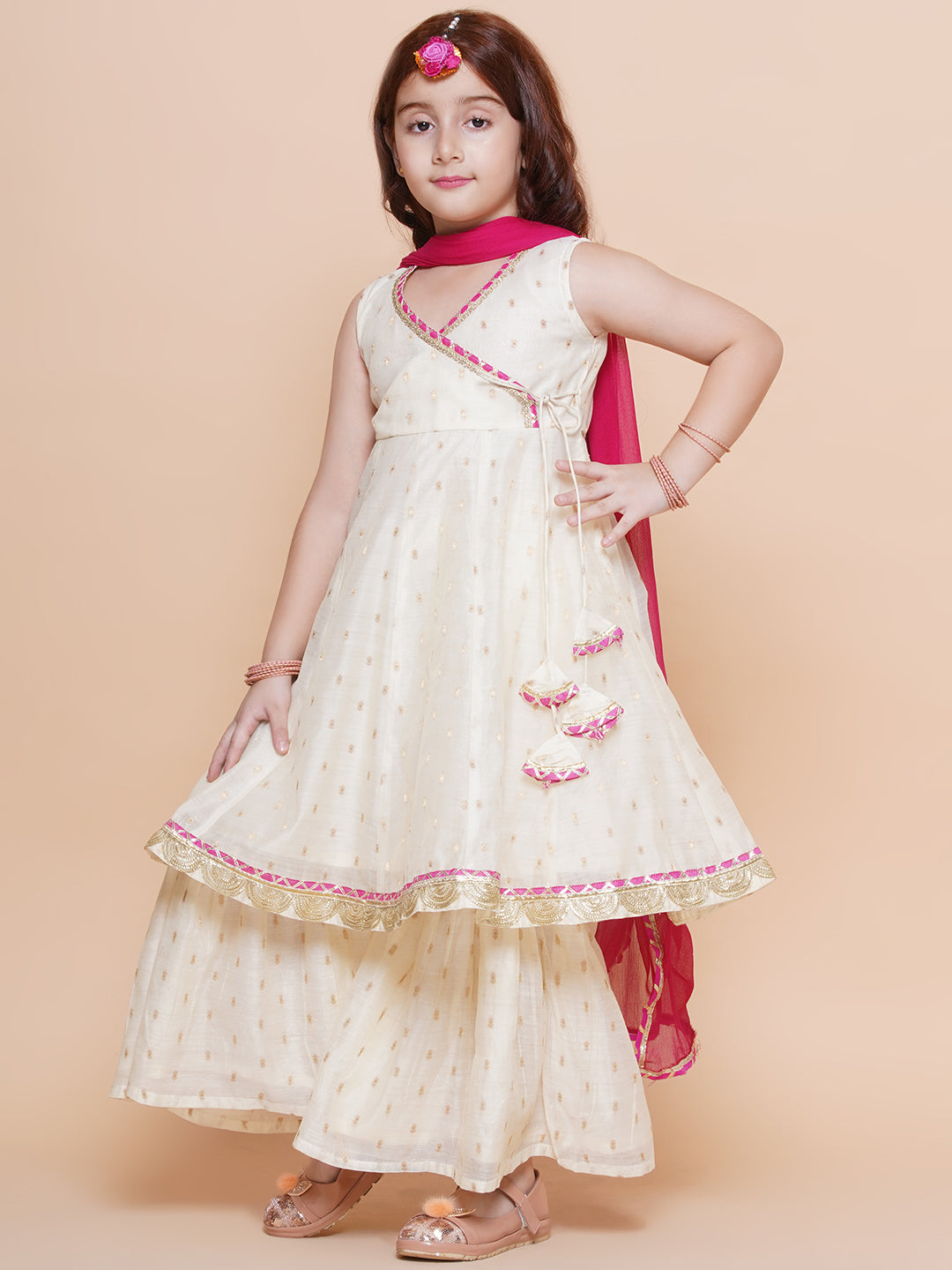 Girls Off white Booti Angrakha Gotta Patti Kurta & Sharara set With Dupatta - Bhama - Distacart