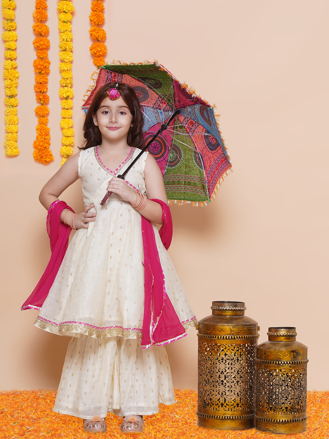 Girls Off white Booti Angrakha Gotta Patti Kurta & Sharara set With Dupatta - Bhama - Distacart