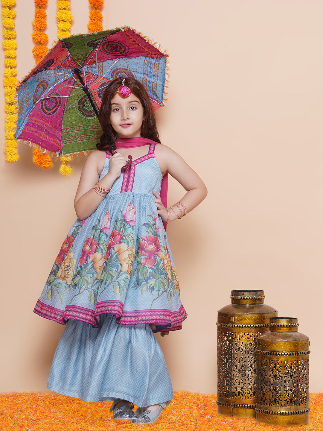 Girls Blue Floral Printed Kurta With Sharara with Dupatta - Bhama - Distacart
