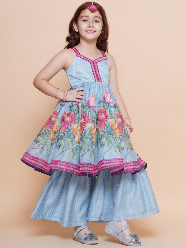 Girls Blue Floral Printed Kurta With Sharara with Dupatta - Bhama - Distacart