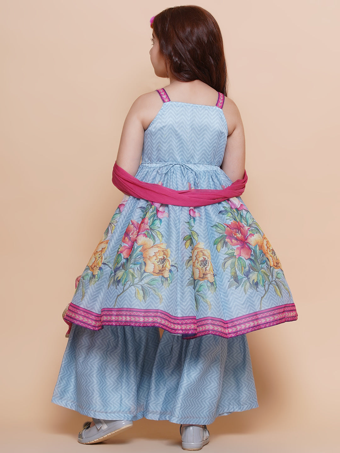 Girls Blue Floral Printed Kurta With Sharara with Dupatta - Bhama - Distacart