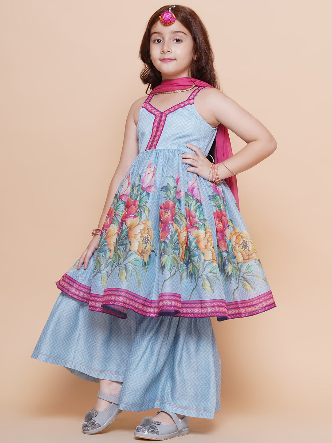 Girls Blue Floral Printed Kurta With Sharara with Dupatta - Bhama - Distacart