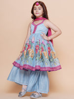 Thumbnail for Girls Blue Floral Printed Kurta With Sharara with Dupatta - Bhama - Distacart