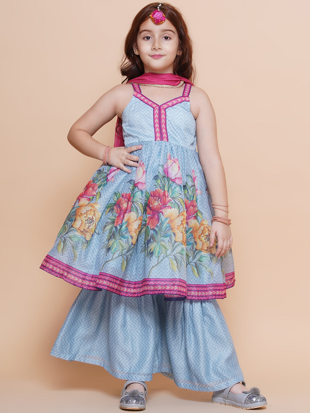 Girls Blue Floral Printed Kurta With Sharara with Dupatta - Bhama - Distacart