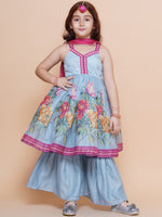 Thumbnail for Girls Blue Floral Printed Kurta With Sharara with Dupatta - Bhama - Distacart