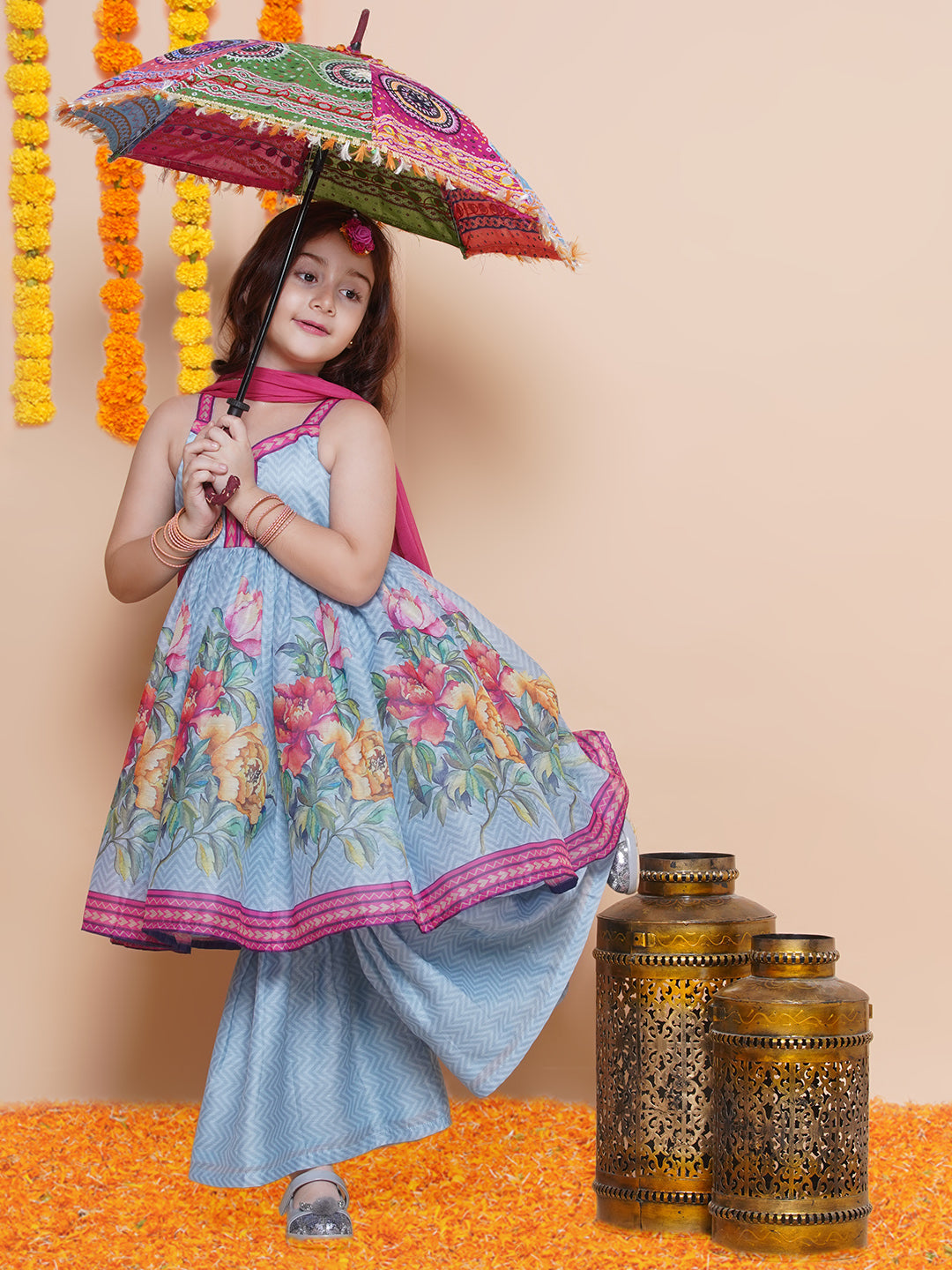 Girls Blue Floral Printed Kurta With Sharara with Dupatta - Bhama - Distacart