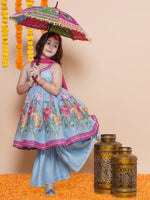Thumbnail for Girls Blue Floral Printed Kurta With Sharara with Dupatta - Bhama - Distacart