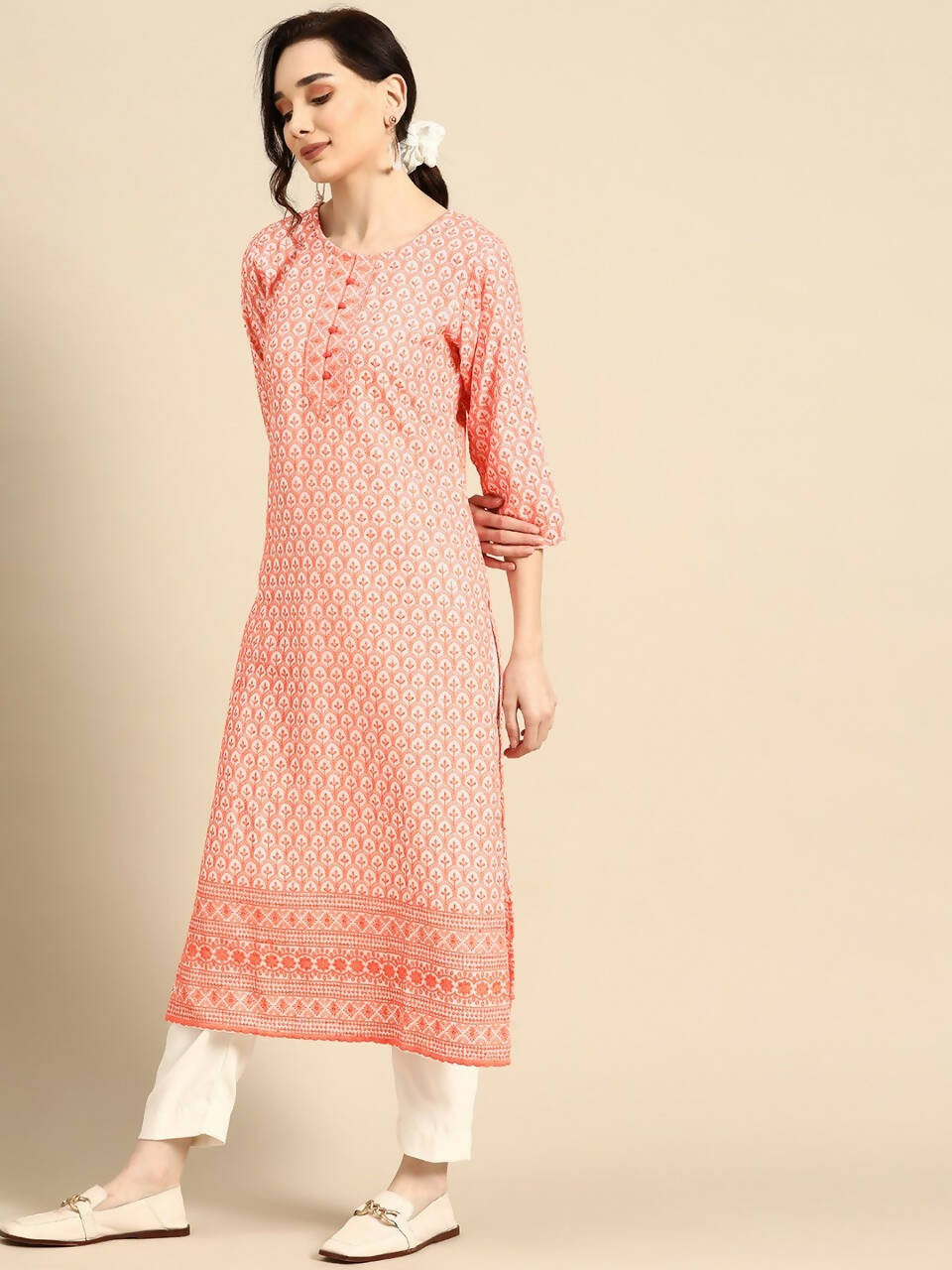 Deeps women's Orange Embroidered Rayon Kurta - Distacart