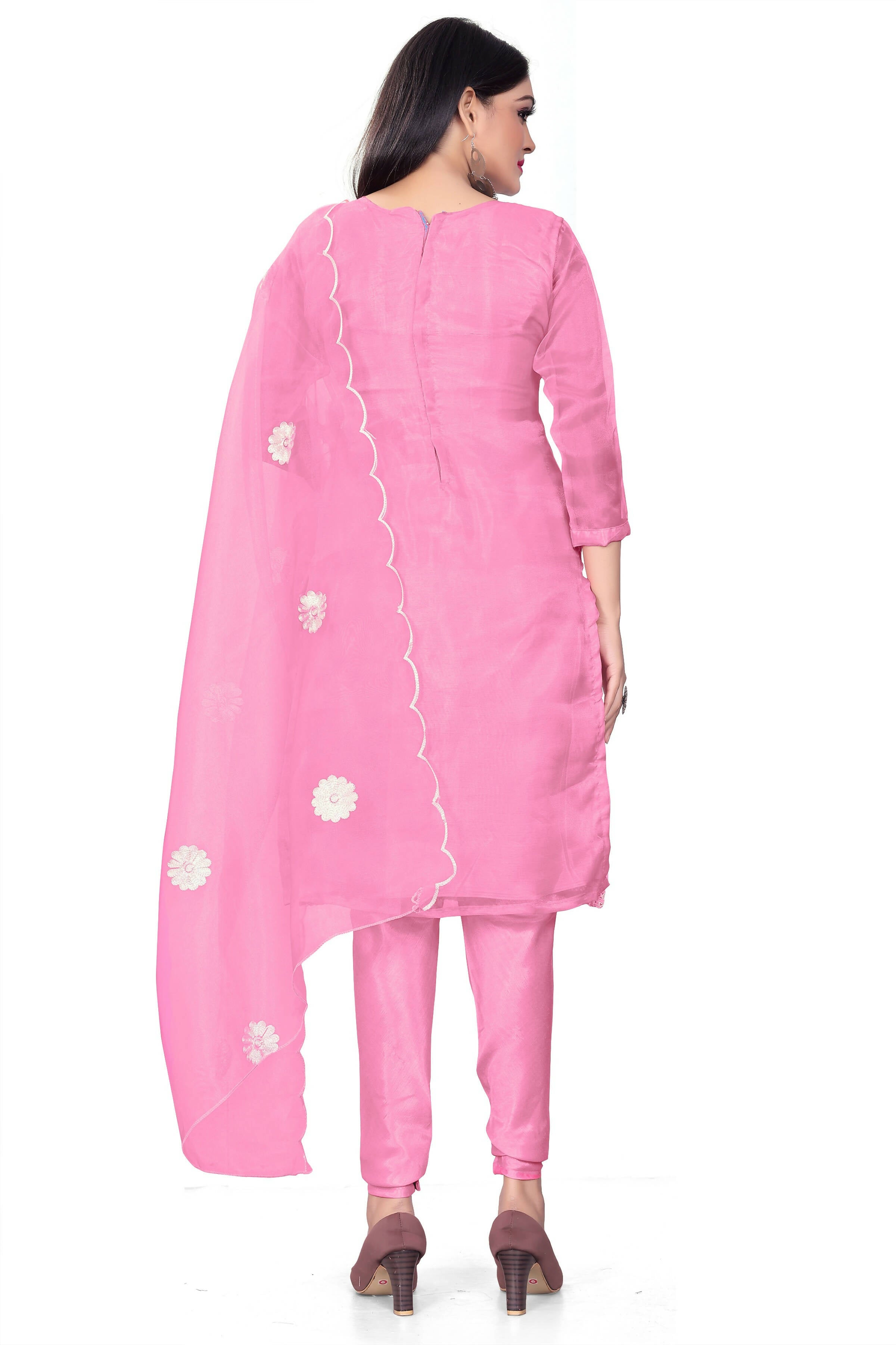 Pink Organza Silk Embroidered Work Unstitched Dress Material - Tanvi - Distacart