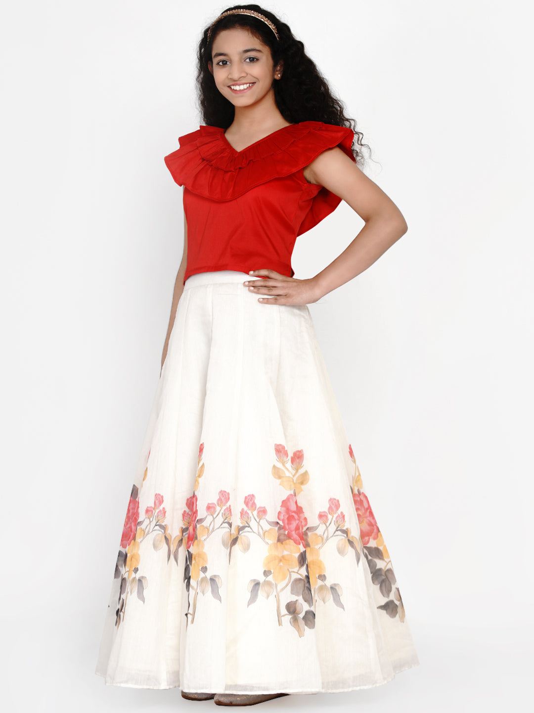 Girls Red & White Printed Ready To Wear Lehenga & Blouse for Kids - Bhama - Distacart