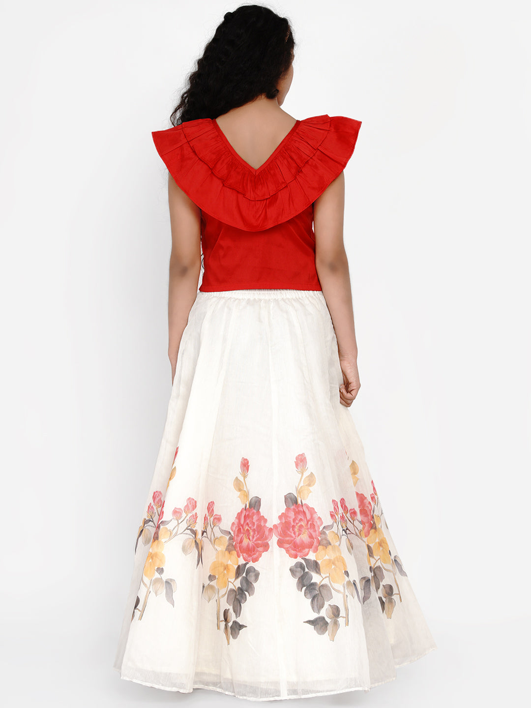 Girls Red & White Printed Ready To Wear Lehenga & Blouse for Kids - Bhama - Distacart