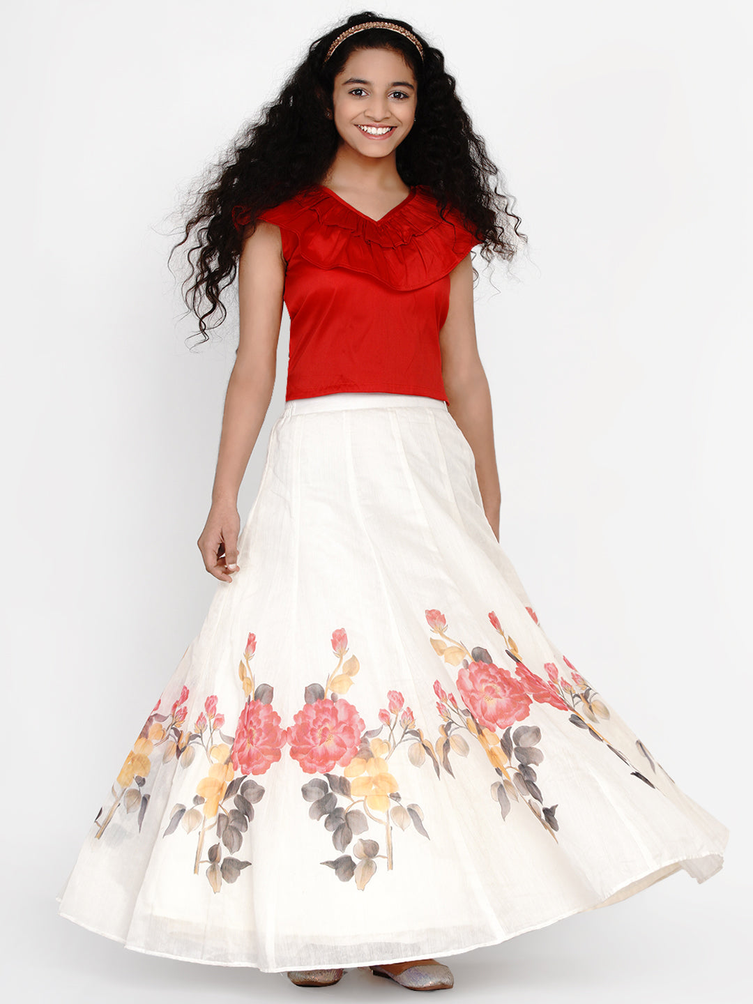 Girls Red & White Printed Ready To Wear Lehenga & Blouse for Kids - Bhama - Distacart