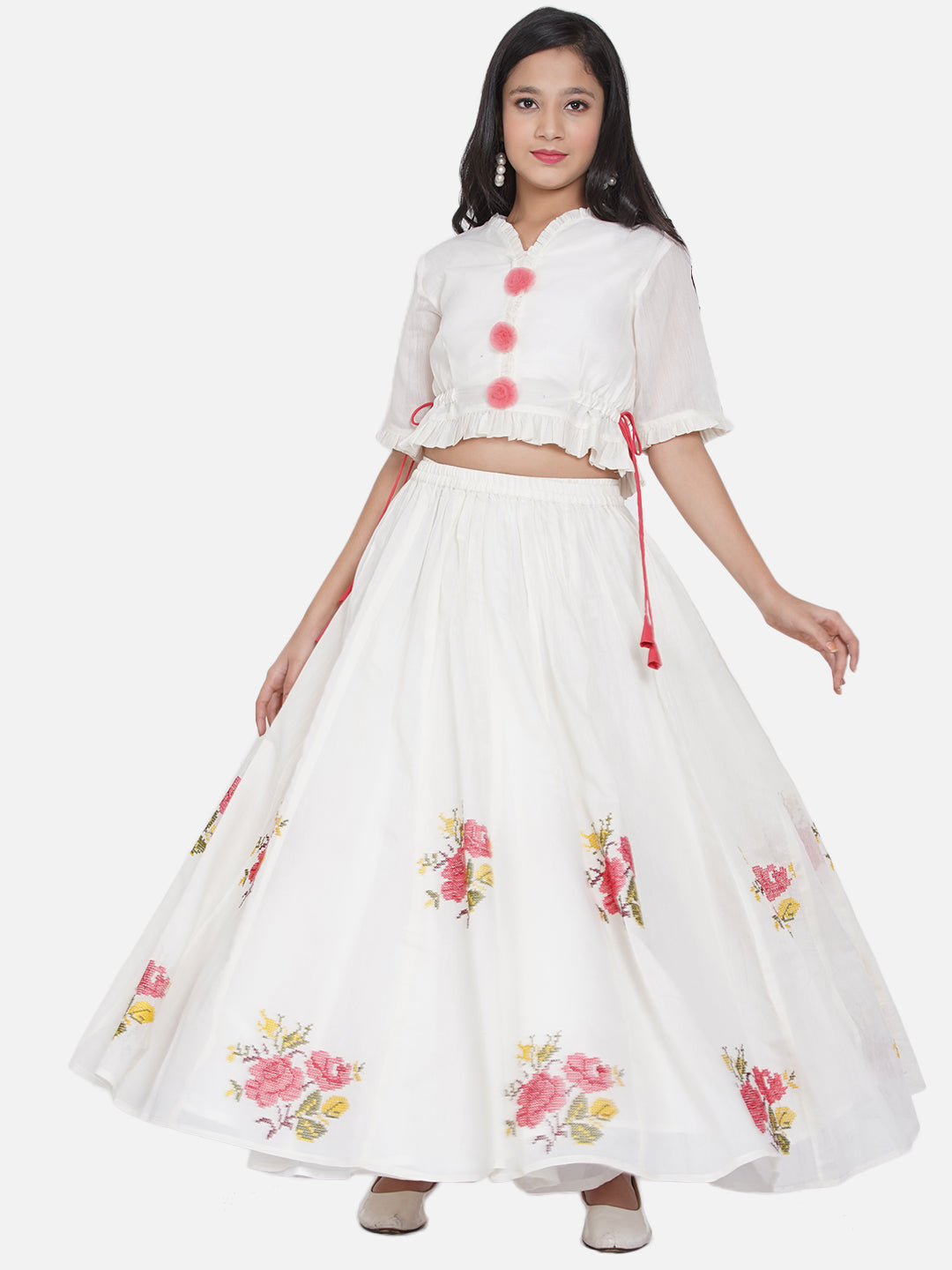 Girls White & Green Embroidered Choli Ready To Wear Lehenga for Kids - Bhama - Distacart