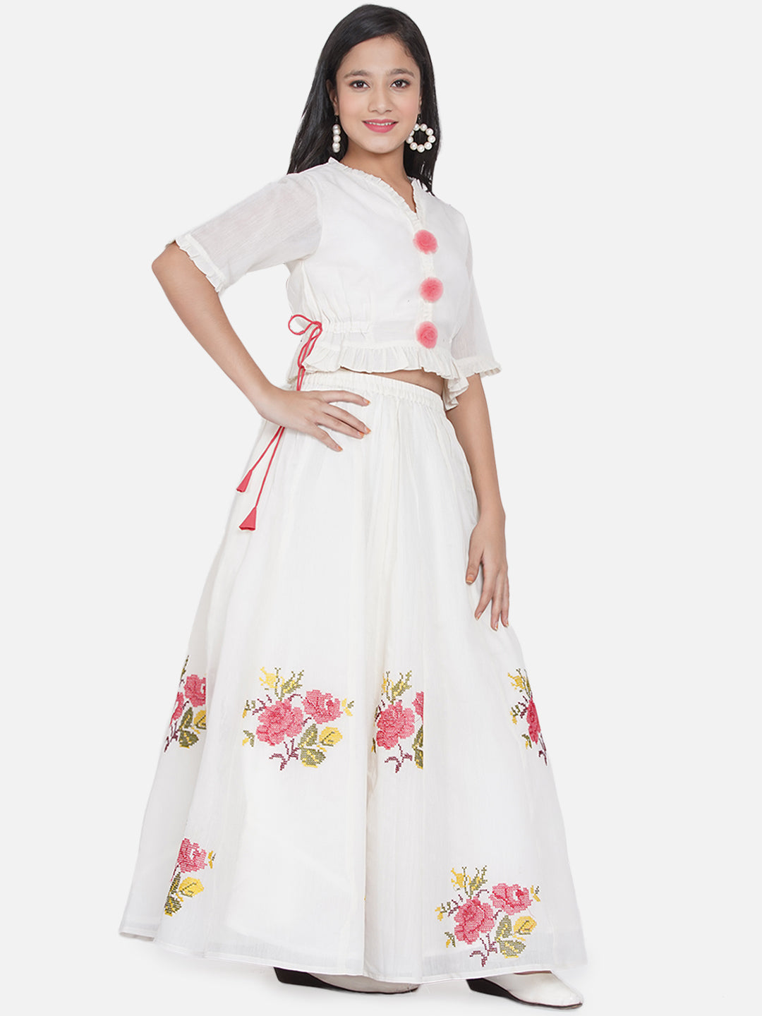 Girls White & Green Embroidered Choli Ready To Wear Lehenga for Kids - Bhama - Distacart