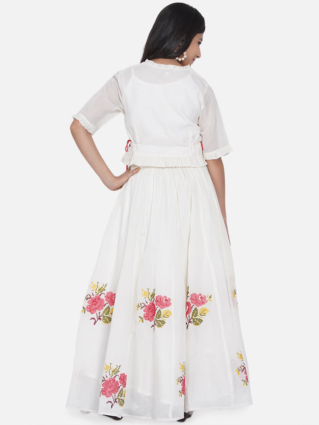 Girls White & Green Embroidered Choli Ready To Wear Lehenga for Kids - Bhama - Distacart