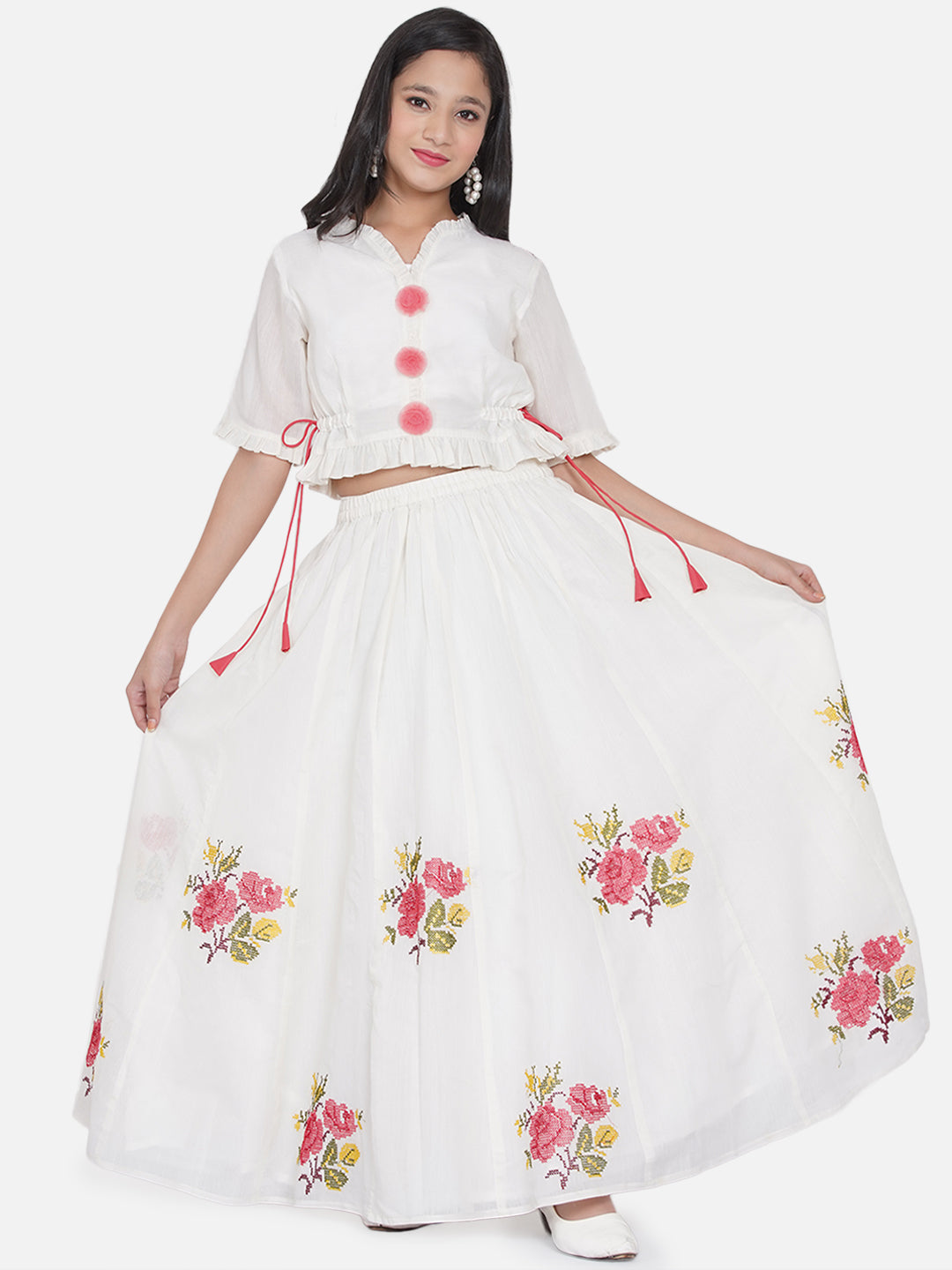 Girls White & Green Embroidered Choli Ready To Wear Lehenga for Kids - Bhama - Distacart
