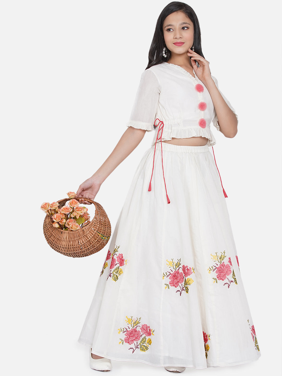 Girls White & Green Embroidered Choli Ready To Wear Lehenga for Kids - Bhama - Distacart