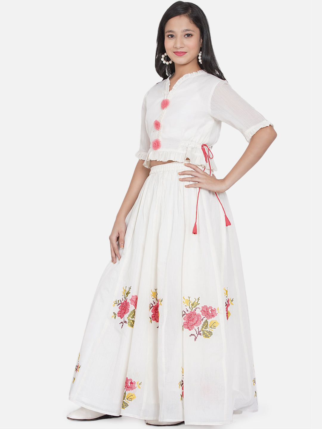 Girls White & Green Embroidered Choli Ready To Wear Lehenga for Kids - Bhama - Distacart