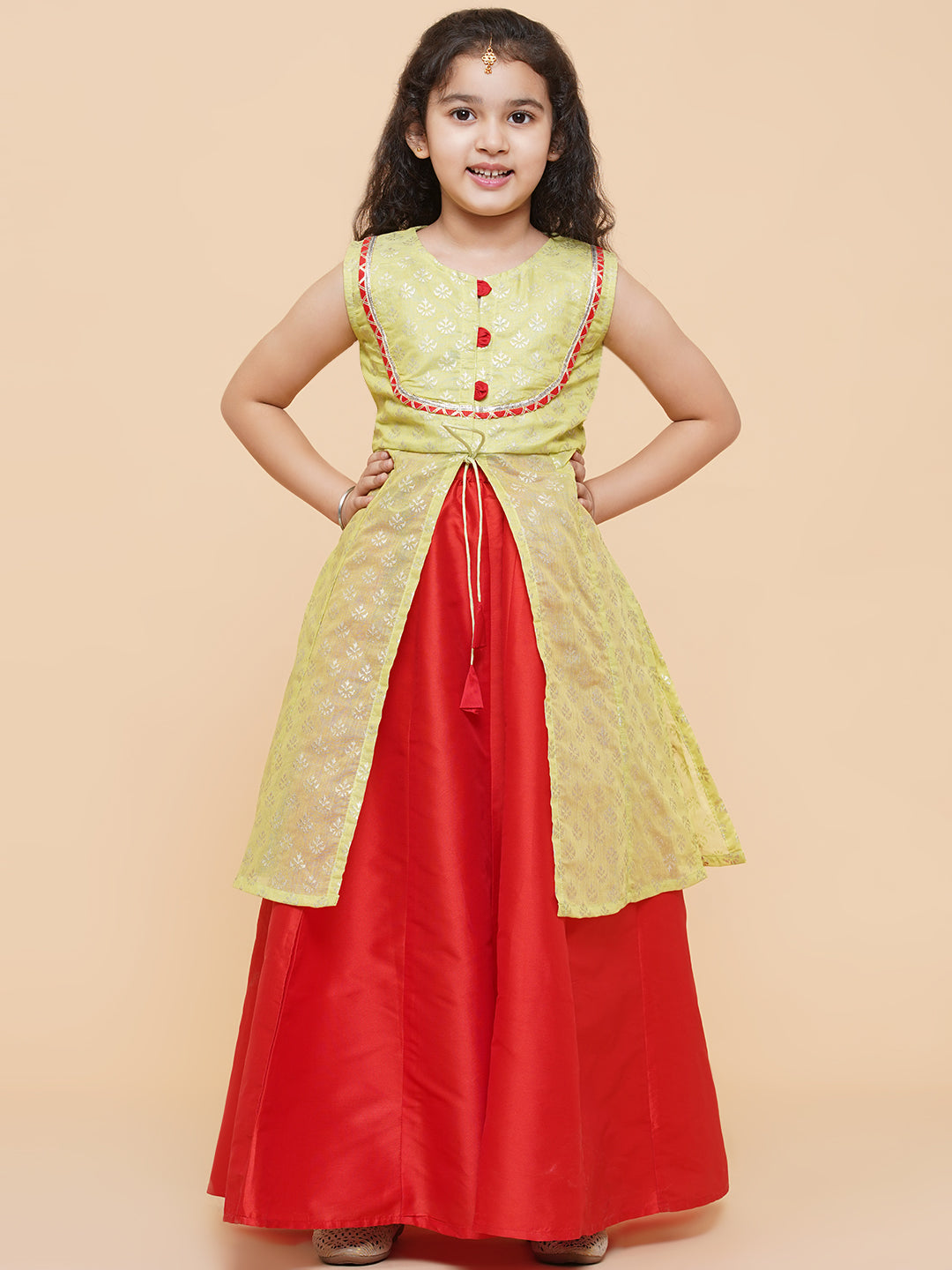 Girls Lime Green & Red Printed Foil Print Ready To Wear Lehenga & Choli for Kids - Bhama - Distacart