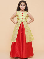 Thumbnail for Girls Lime Green & Red Printed Foil Print Ready To Wear Lehenga & Choli for Kids - Bhama - Distacart