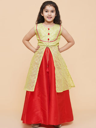 Girls Lime Green & Red Printed Foil Print Ready To Wear Lehenga & Choli for Kids - Bhama - Distacart
