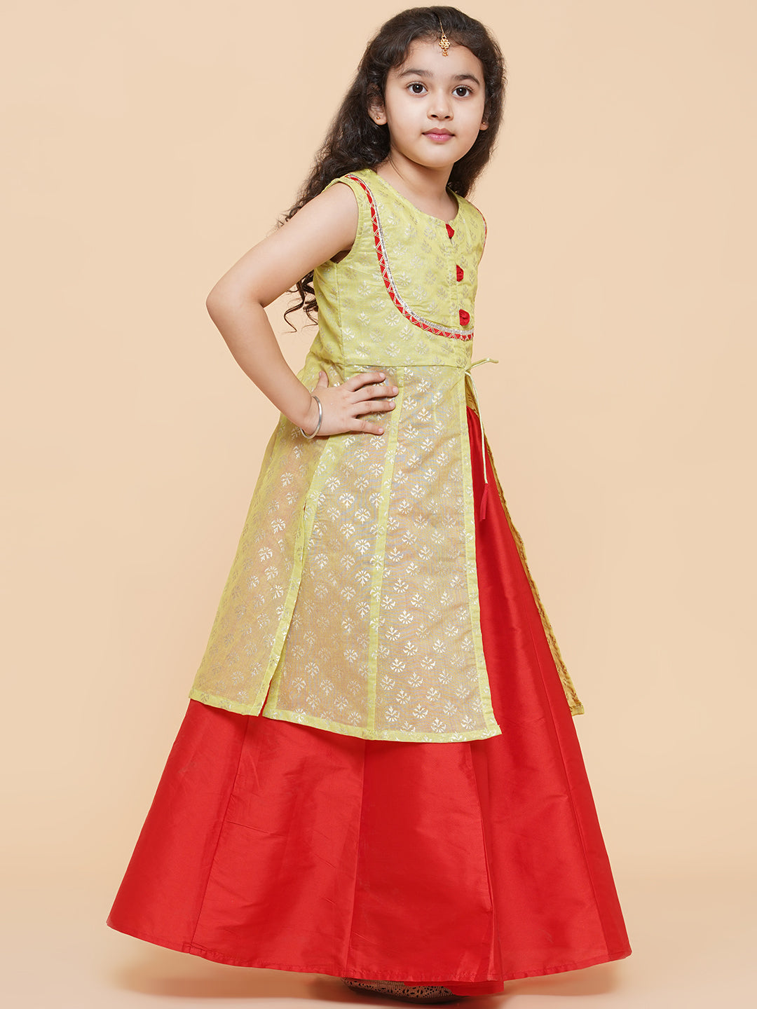 Girls Lime Green & Red Printed Foil Print Ready To Wear Lehenga & Choli for Kids - Bhama - Distacart