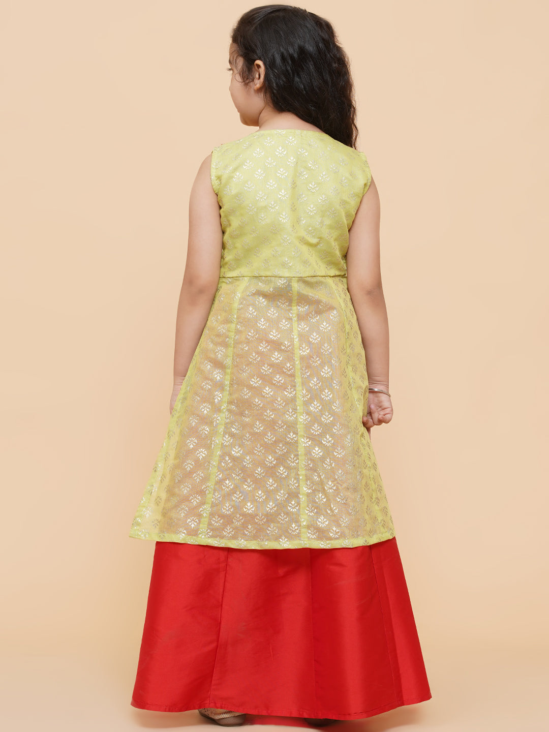 Girls Lime Green & Red Printed Foil Print Ready To Wear Lehenga & Choli for Kids - Bhama - Distacart