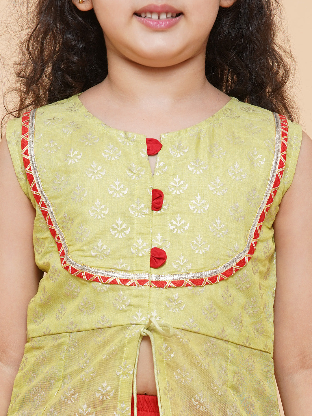 Girls Lime Green & Red Printed Foil Print Ready To Wear Lehenga & Choli for Kids - Bhama - Distacart