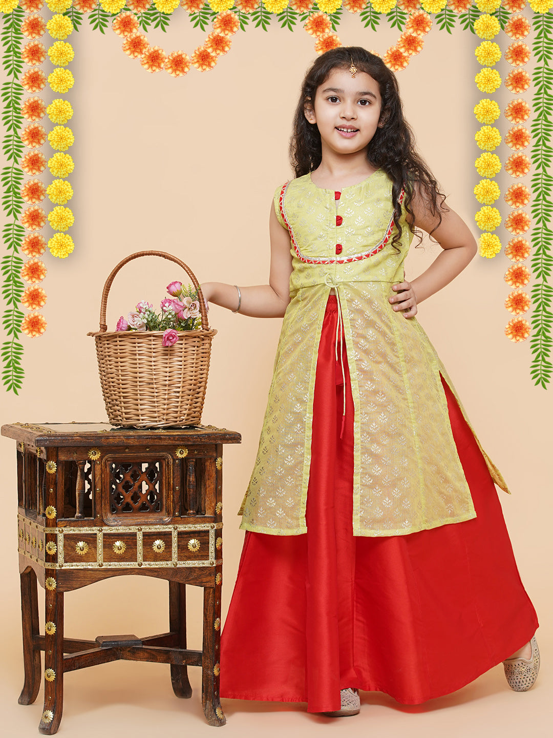 Girls Lime Green & Red Printed Foil Print Ready To Wear Lehenga & Choli for Kids - Bhama - Distacart
