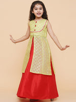 Thumbnail for Girls Lime Green & Red Printed Foil Print Ready To Wear Lehenga & Choli for Kids - Bhama - Distacart