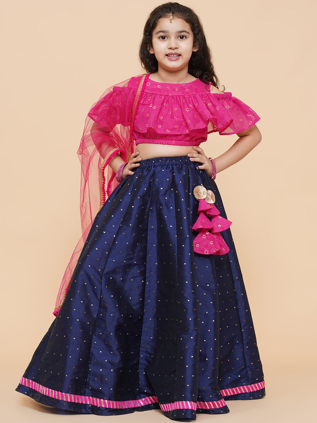 Girls Printed Foil Print Ready to Wear Lehenga & Blouse With Dupatta for Kids - Bhama - Distacart
