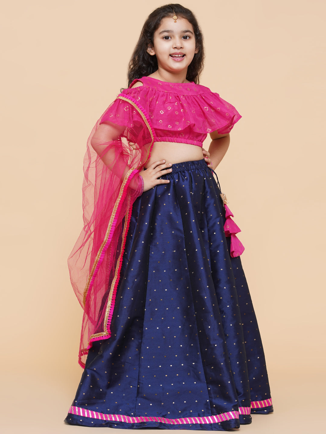 Girls Printed Foil Print Ready to Wear Lehenga & Blouse With Dupatta for Kids - Bhama - Distacart